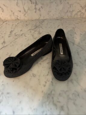 Manolo Blahnik dark grey flannel Flats with Rosette Detail